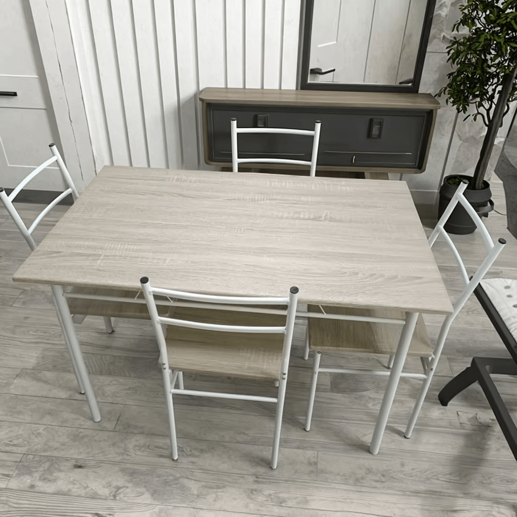 5-piece dining set with oak top and white metal chairs
Modern compact dining set for small kitchens and apartments
