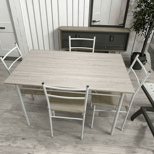 5-piece dining set with oak top and white metal chairs
Modern compact dining set for small kitchens and apartments
