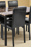 Black faux marble dining table with 4 black chairs
Side view of faux marble dining set in dining area
Chair detail showing faux leather upholstery
Compact 5-piece kitchen dining table set