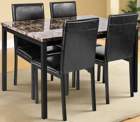 Black faux marble dining table with 4 black chairs
Side view of faux marble dining set in dining area
Chair detail showing faux leather upholstery
Compact 5-piece kitchen dining table set