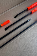 Set of 5 heavy-duty pry bars with red ergonomic grips

Close-up of steel pry bars arranged in foam insert

Demolition pry bar kit with grip handles

Automotive pry tools set displayed on workbench