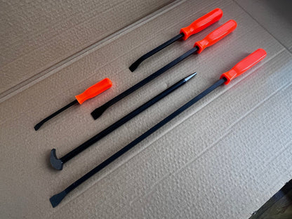Set of 5 heavy-duty pry bars with red ergonomic grips

Close-up of steel pry bars arranged in foam insert

Demolition pry bar kit with grip handles

Automotive pry tools set displayed on workbench