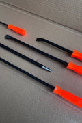 Set of 5 heavy-duty pry bars with red ergonomic grips

Close-up of steel pry bars arranged in foam insert

Demolition pry bar kit with grip handles

Automotive pry tools set displayed on workbench