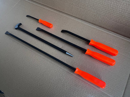 Set of 5 heavy-duty pry bars with red ergonomic grips

Close-up of steel pry bars arranged in foam insert

Demolition pry bar kit with grip handles

Automotive pry tools set displayed on workbench