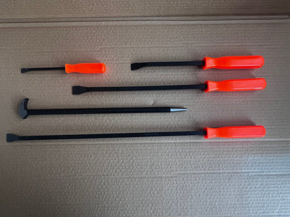 Set of 5 heavy-duty pry bars with red ergonomic grips

Close-up of steel pry bars arranged in foam insert

Demolition pry bar kit with grip handles

Automotive pry tools set displayed on workbench