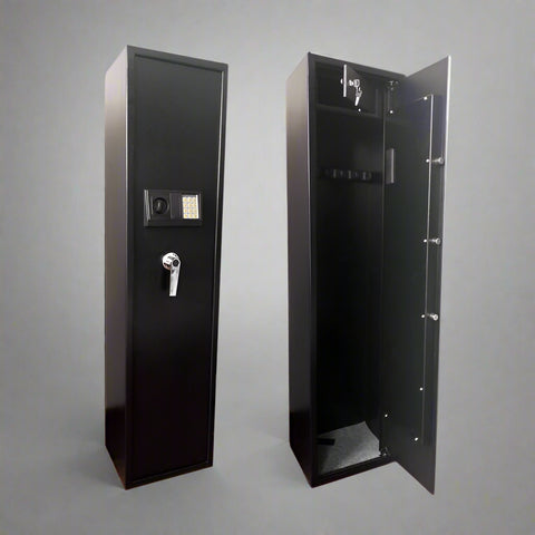 5-gun steel safe cabinet front view with ammo compartment

Compact gun safe cabinet for closet installation

Tamper-resistant lock system on steel gun cabinet

Gun cabinet with separate ammo storage lockbox

Wall-mounted secure gun storage cabinet

Home and office firearm safety cabinet

