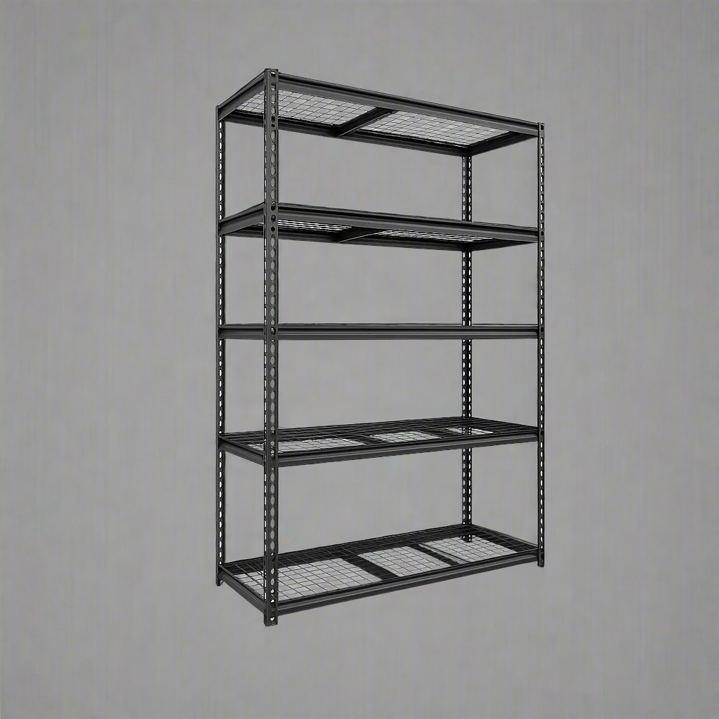Heavy-duty 5-tier steel wire rack assembled

Shelves in use: Wire shelving with bins and garage tools

Shelving frame close-up: Strong steel vertical post and brackets

Angled view: Full rack with adjustable shelves

Side view: Wire shelves with protective plastic feet