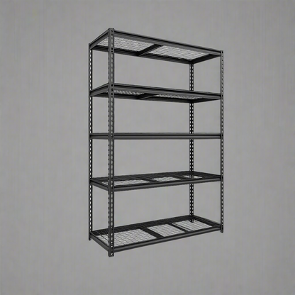 Heavy-duty 5-tier steel wire rack assembled

Shelves in use: Wire shelving with bins and garage tools

Shelving frame close-up: Strong steel vertical post and brackets

Angled view: Full rack with adjustable shelves

Side view: Wire shelves with protective plastic feet