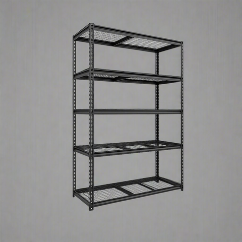 Heavy-duty 5-tier steel wire rack assembled

Shelves in use: Wire shelving with bins and garage tools

Shelving frame close-up: Strong steel vertical post and brackets

Angled view: Full rack with adjustable shelves

Side view: Wire shelves with protective plastic feet