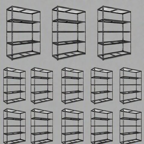 Heavy-duty 5-tier steel wire rack assembled

Shelves in use: Wire shelving with bins and garage tools

Shelving frame close-up: Strong steel vertical post and brackets

Angled view: Full rack with adjustable shelves

Side view: Wire shelves with protective plastic feet
