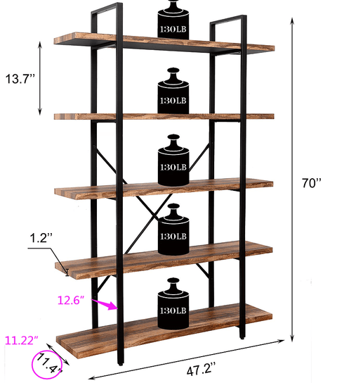 "5-tier rustic industrial bookshelf with wood shelves and black metal frame – Model RBSRW"
