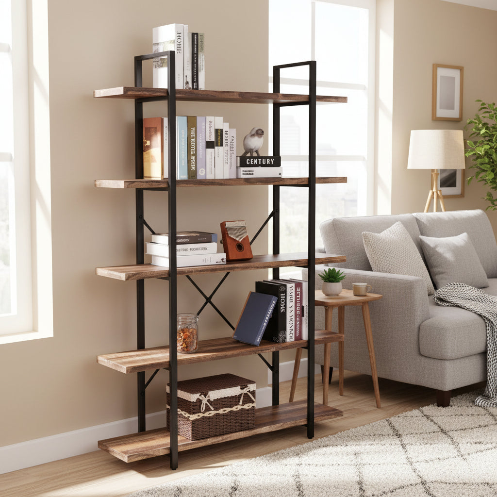 "5-tier rustic industrial bookshelf with wood shelves and black metal frame – Model RBSRW"