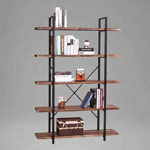 "5-tier rustic industrial bookshelf with wood shelves and black metal frame – Model RBSRW"