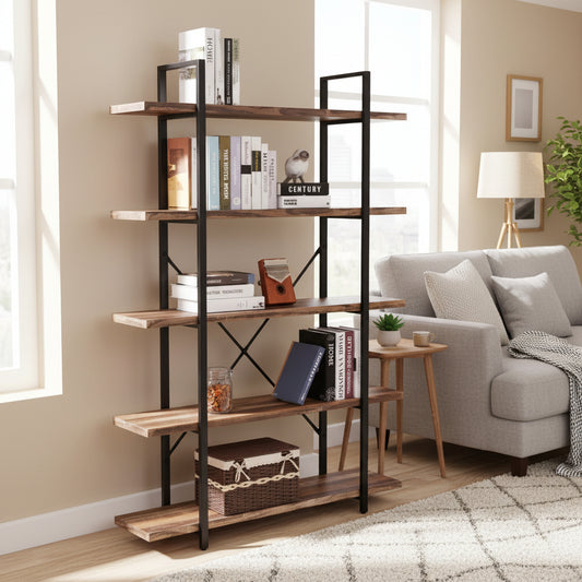 "5-tier rustic industrial bookshelf with wood shelves and black metal frame – Model RBSRW"