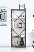 5-tier industrial bookshelf with rustic wood and black metal frame – Model TLSF05
Tall freestanding open shelf bookcase for living room or office
