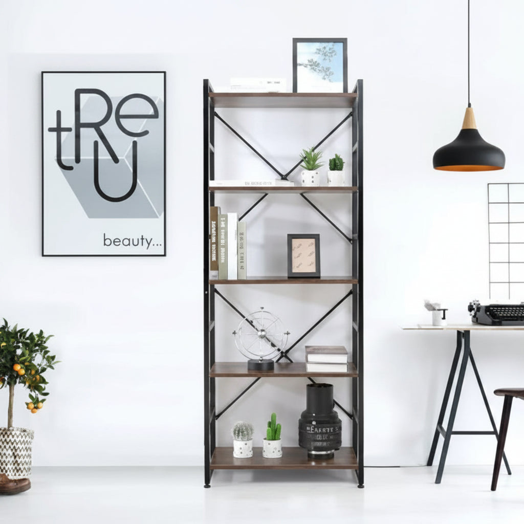5-tier industrial bookshelf with rustic wood and black metal frame – Model TLSF05
Tall freestanding open shelf bookcase for living room or office