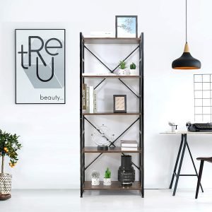 5-tier industrial bookshelf with rustic wood and black metal frame – Model TLSF05
Tall freestanding open shelf bookcase for living room or office