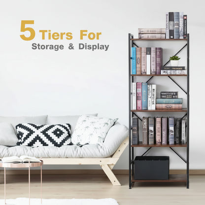 5-tier industrial bookshelf with rustic wood and black metal frame – Model TLSF05
Tall freestanding open shelf bookcase for living room or office