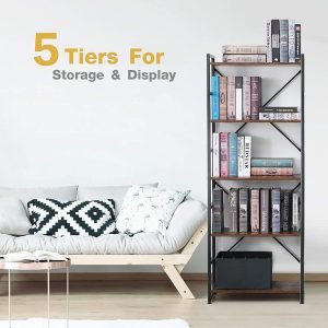 5-tier industrial bookshelf with rustic wood and black metal frame – Model TLSF05
Tall freestanding open shelf bookcase for living room or office