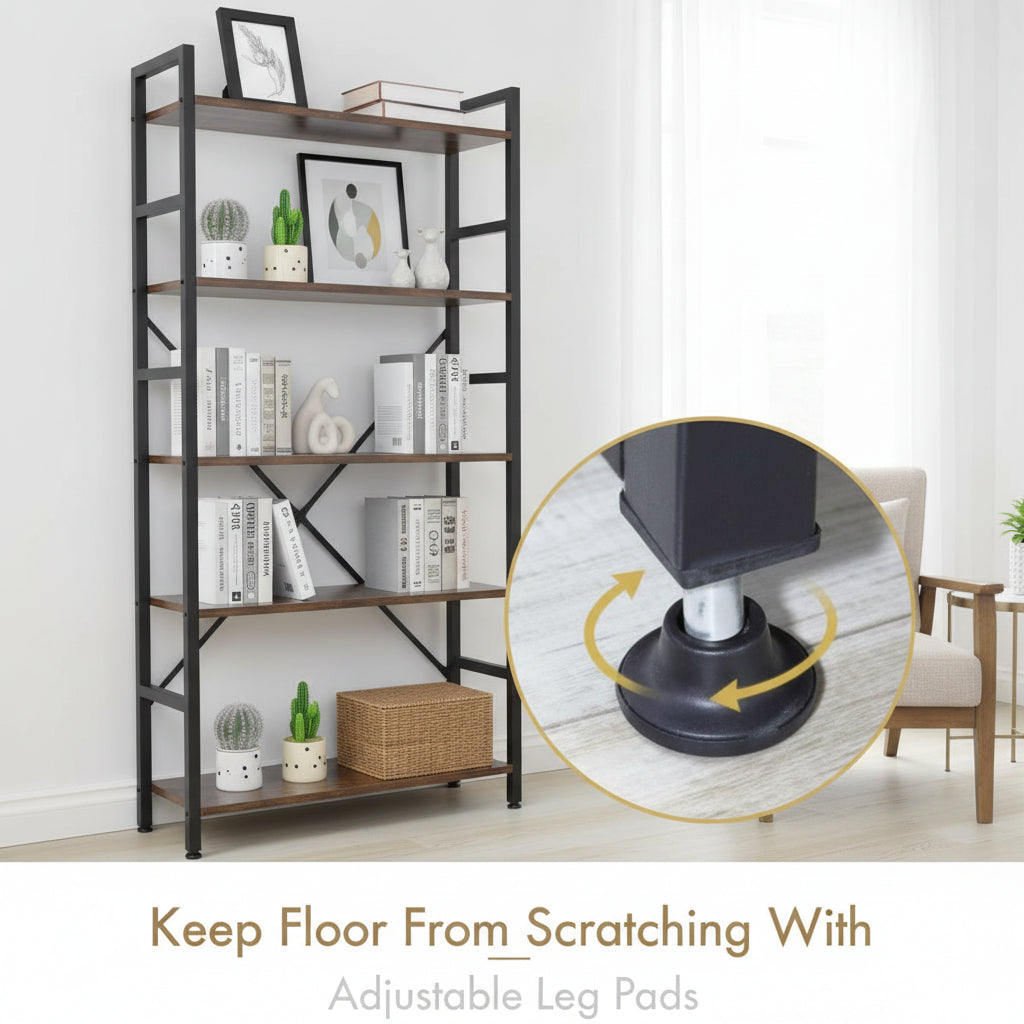 5-tier industrial bookshelf with rustic wood and black metal frame – Model TLSF05
Tall freestanding open shelf bookcase for living room or office