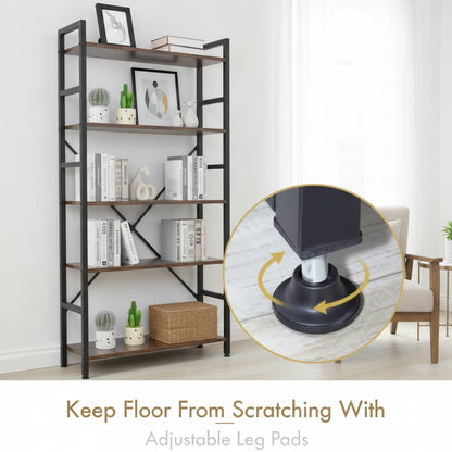 5-tier industrial bookshelf with rustic wood and black metal frame – Model TLSF05
Tall freestanding open shelf bookcase for living room or office