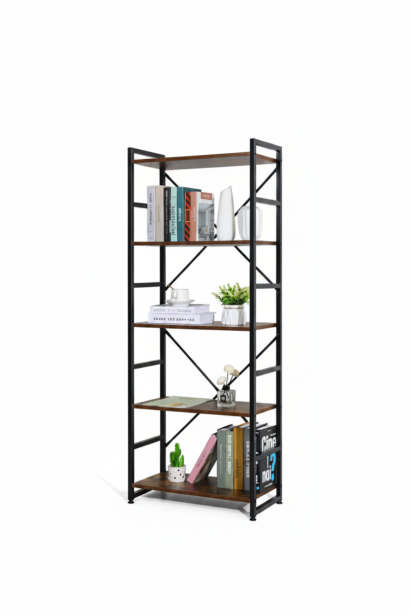 New 5 - Tier Industrial Bookshelf – Rustic Wood & Metal Frame Tall Storage Bookcase – Model TLSF05 - with | Sold by Uncle Wiener's Wholesale
