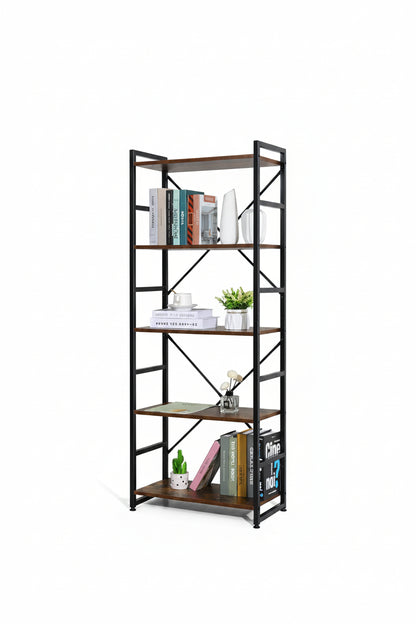 New 5 - Tier Industrial Bookshelf – Rustic Wood & Metal Frame Tall Storage Bookcase – Model TLSF05 - with | Sold by Uncle Wiener's Wholesale