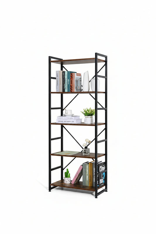 New 5 - Tier Industrial Bookshelf – Rustic Wood & Metal Frame Tall Storage Bookcase – Model TLSF05 - with | Sold by Uncle Wiener's Wholesale