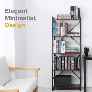 5-tier industrial bookshelf with rustic wood and black metal frame – Model TLSF05
Tall freestanding open shelf bookcase for living room or office