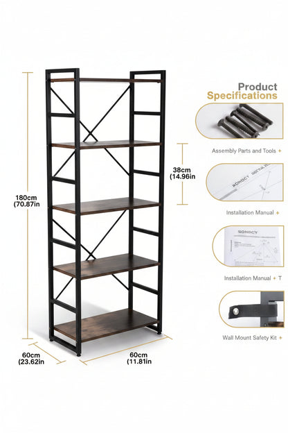 5-tier industrial bookshelf with rustic wood and black metal frame – Model TLSF05
Tall freestanding open shelf bookcase for living room or office
