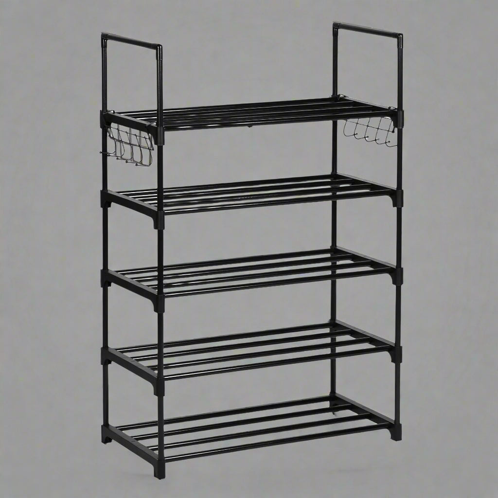 5-Tier Metal Shoe Rack – Front View

Freestanding Shoe Organizer with Hooks – In Use

Shoe Storage Rack Holding 20+ Pairs – Side Angle

Entryway Metal Shoe Rack with Hooks

Easy-to-Assemble Shoe Shelf – Unboxed View