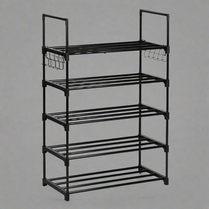 5-Tier Metal Shoe Rack – Front View

Freestanding Shoe Organizer with Hooks – In Use

Shoe Storage Rack Holding 20+ Pairs – Side Angle

Entryway Metal Shoe Rack with Hooks

Easy-to-Assemble Shoe Shelf – Unboxed View