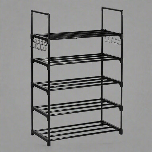 5-Tier Metal Shoe Rack – Front View

Freestanding Shoe Organizer with Hooks – In Use

Shoe Storage Rack Holding 20+ Pairs – Side Angle

Entryway Metal Shoe Rack with Hooks

Easy-to-Assemble Shoe Shelf – Unboxed View