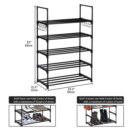 5-Tier Metal Shoe Rack – Front View

Freestanding Shoe Organizer with Hooks – In Use

Shoe Storage Rack Holding 20+ Pairs – Side Angle

Entryway Metal Shoe Rack with Hooks

Easy-to-Assemble Shoe Shelf – Unboxed View