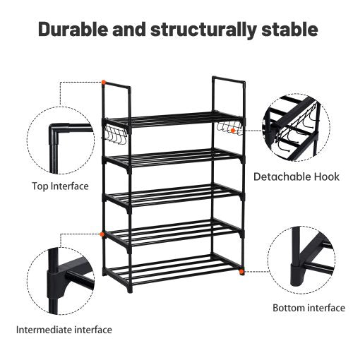 5-Tier Metal Shoe Rack – Front View

Freestanding Shoe Organizer with Hooks – In Use

Shoe Storage Rack Holding 20+ Pairs – Side Angle

Entryway Metal Shoe Rack with Hooks

Easy-to-Assemble Shoe Shelf – Unboxed View