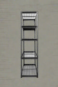 Heavy-duty 5-tier steel wire rack assembled

Shelves in use: Wire shelving with bins and garage tools

Shelving frame close-up: Strong steel vertical post and brackets

Angled view: Full rack with adjustable shelves

Side view: Wire shelves with protective plastic feet