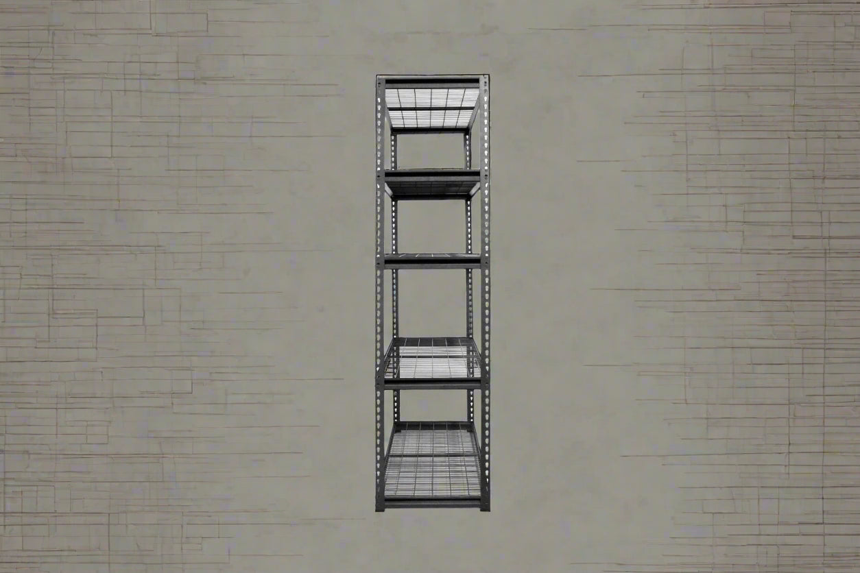 Heavy-duty 5-tier steel wire rack assembled

Shelves in use: Wire shelving with bins and garage tools

Shelving frame close-up: Strong steel vertical post and brackets

Angled view: Full rack with adjustable shelves

Side view: Wire shelves with protective plastic feet