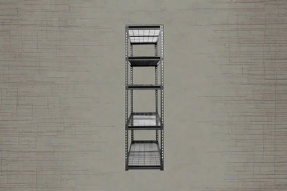 Heavy-duty 5-tier steel wire rack assembled

Shelves in use: Wire shelving with bins and garage tools

Shelving frame close-up: Strong steel vertical post and brackets

Angled view: Full rack with adjustable shelves

Side view: Wire shelves with protective plastic feet
