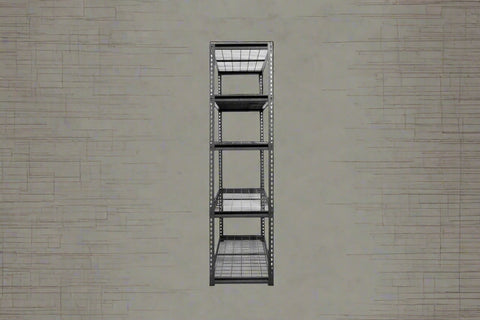 Heavy-duty 5-tier steel wire rack assembled

Shelves in use: Wire shelving with bins and garage tools

Shelving frame close-up: Strong steel vertical post and brackets

Angled view: Full rack with adjustable shelves

Side view: Wire shelves with protective plastic feet