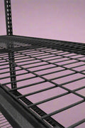 Heavy-duty 5-tier steel wire rack assembled

Shelves in use: Wire shelving with bins and garage tools

Shelving frame close-up: Strong steel vertical post and brackets

Angled view: Full rack with adjustable shelves

Side view: Wire shelves with protective plastic feet
