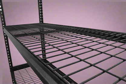 Heavy-duty 5-tier steel wire rack assembled

Shelves in use: Wire shelving with bins and garage tools

Shelving frame close-up: Strong steel vertical post and brackets

Angled view: Full rack with adjustable shelves

Side view: Wire shelves with protective plastic feet