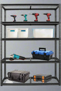Heavy-duty 5-tier steel wire rack assembled

Shelves in use: Wire shelving with bins and garage tools

Shelving frame close-up: Strong steel vertical post and brackets

Angled view: Full rack with adjustable shelves

Side view: Wire shelves with protective plastic feet