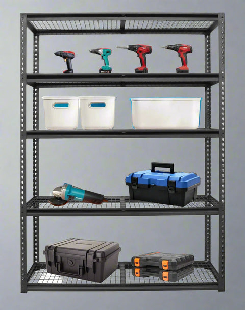 Heavy-duty 5-tier steel wire rack assembled

Shelves in use: Wire shelving with bins and garage tools

Shelving frame close-up: Strong steel vertical post and brackets

Angled view: Full rack with adjustable shelves

Side view: Wire shelves with protective plastic feet