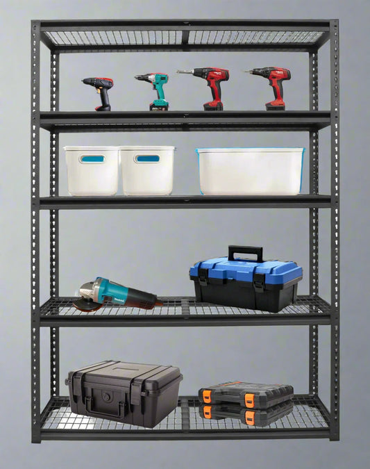 Heavy-duty 5-tier steel wire rack assembled

Shelves in use: Wire shelving with bins and garage tools

Shelving frame close-up: Strong steel vertical post and brackets

Angled view: Full rack with adjustable shelves

Side view: Wire shelves with protective plastic feet