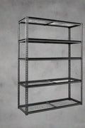 Heavy-duty 5-tier steel wire rack assembled

Shelves in use: Wire shelving with bins and garage tools

Shelving frame close-up: Strong steel vertical post and brackets

Angled view: Full rack with adjustable shelves

Side view: Wire shelves with protective plastic feet