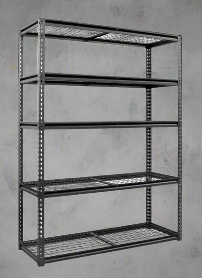 Heavy-duty 5-tier steel wire rack assembled

Shelves in use: Wire shelving with bins and garage tools

Shelving frame close-up: Strong steel vertical post and brackets

Angled view: Full rack with adjustable shelves

Side view: Wire shelves with protective plastic feet