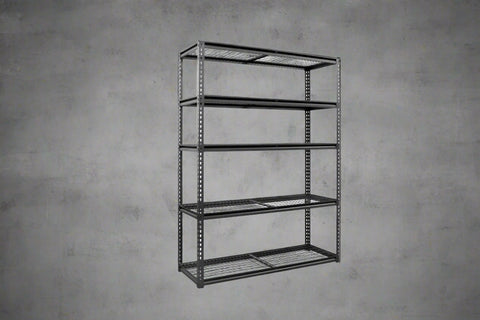 Heavy-duty 5-tier steel wire rack assembled

Shelves in use: Wire shelving with bins and garage tools

Shelving frame close-up: Strong steel vertical post and brackets

Angled view: Full rack with adjustable shelves

Side view: Wire shelves with protective plastic feet