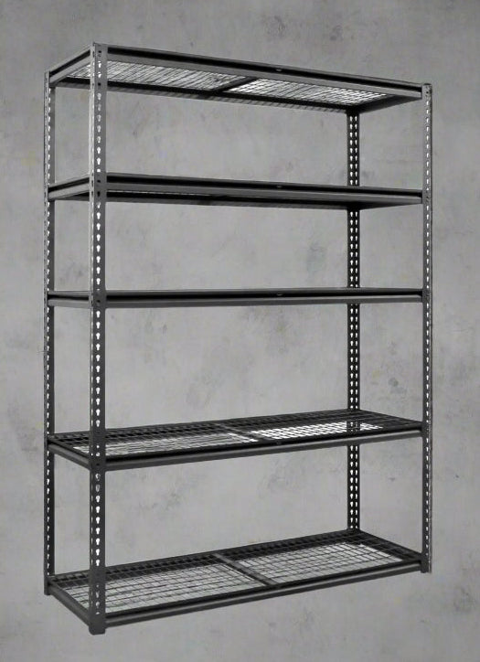 Heavy-duty 5-tier steel wire rack assembled

Shelves in use: Wire shelving with bins and garage tools

Shelving frame close-up: Strong steel vertical post and brackets

Angled view: Full rack with adjustable shelves

Side view: Wire shelves with protective plastic feet