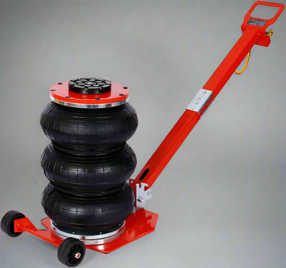 Triple Bag Pneumatic Air Jack – 5 Ton Capacity in Red and Black
5 Ton Air Jack – Top View Showing Triple Airbags and Base
Adjustable Handle Pneumatic Air Jack – Folded Position for Storage
Heavy-Duty Air Jack – Full Setup with Hose and Handle
Triple Air Bag Jack in Use – Lifting a Vehicle