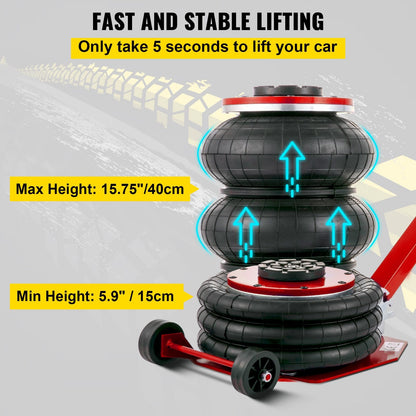 Triple Bag Pneumatic Air Jack – 5 Ton Capacity in Red and Black
5 Ton Air Jack – Top View Showing Triple Airbags and Base
Adjustable Handle Pneumatic Air Jack – Folded Position for Storage
Heavy-Duty Air Jack – Full Setup with Hose and Handle
Triple Air Bag Jack in Use – Lifting a Vehicle